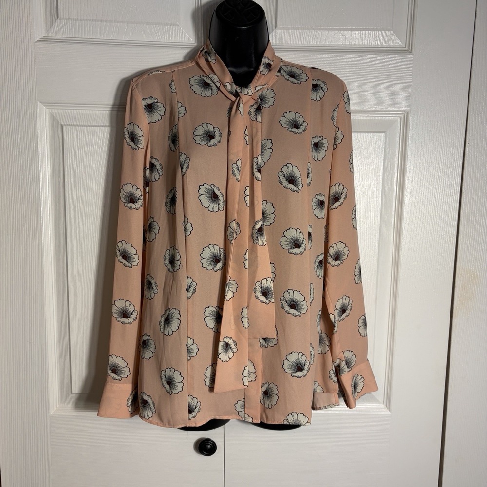 Ann Taylor Floral Tie Neck Blouse Women S Blush Pink Long Sleeve Hidden Buttons